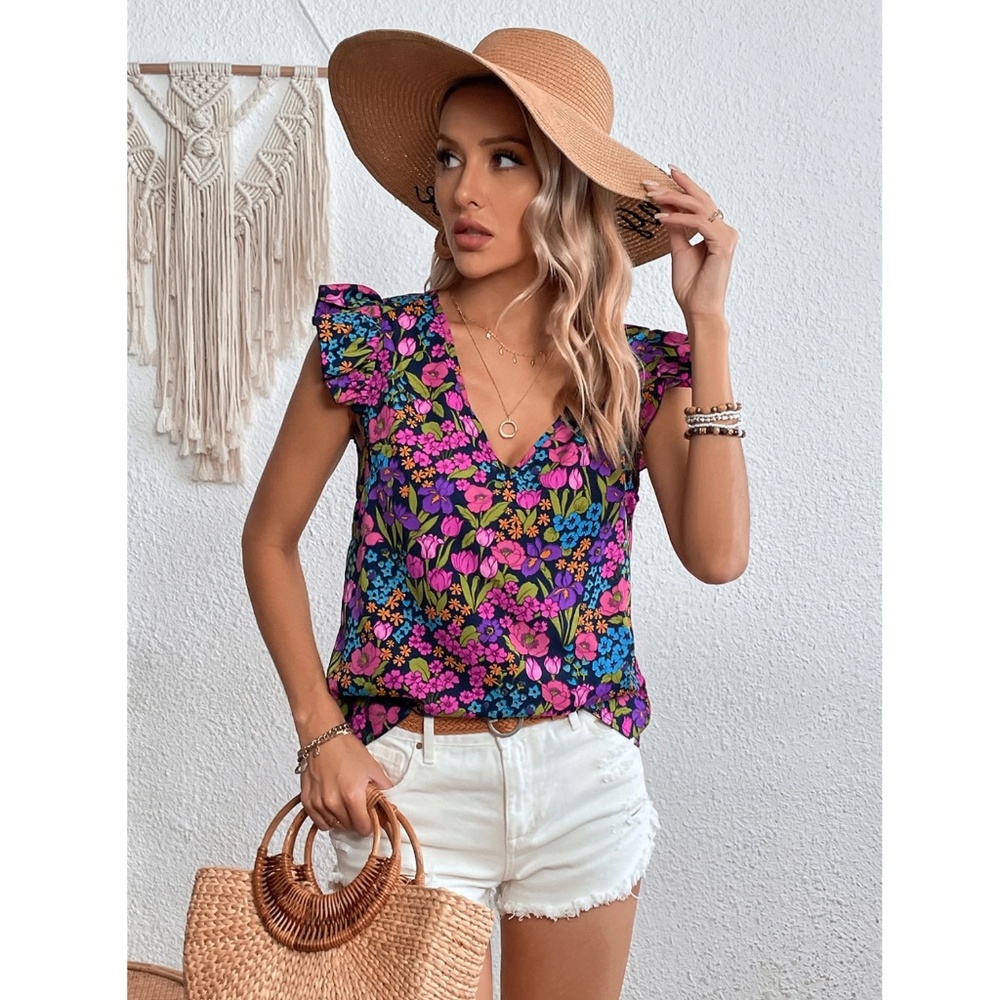 Floral Multicolor Shirt V-Neck Butterfly Cap Sleeve - Picture 2 of 7